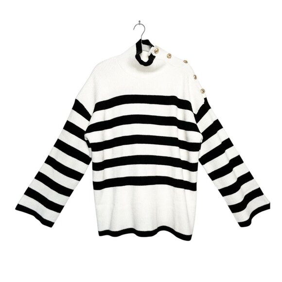 Apricot Long Sleeve Stripe Button Ribbed Sweater in White / Black - Sz XL - NWT - Picture 2 of 9